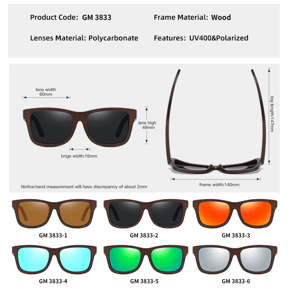GM lunettes de soleil en bois de bambou naturel lunettes polarisées faites à la main lentilles de revêtement miroir lunettes avec boîte-cadeau