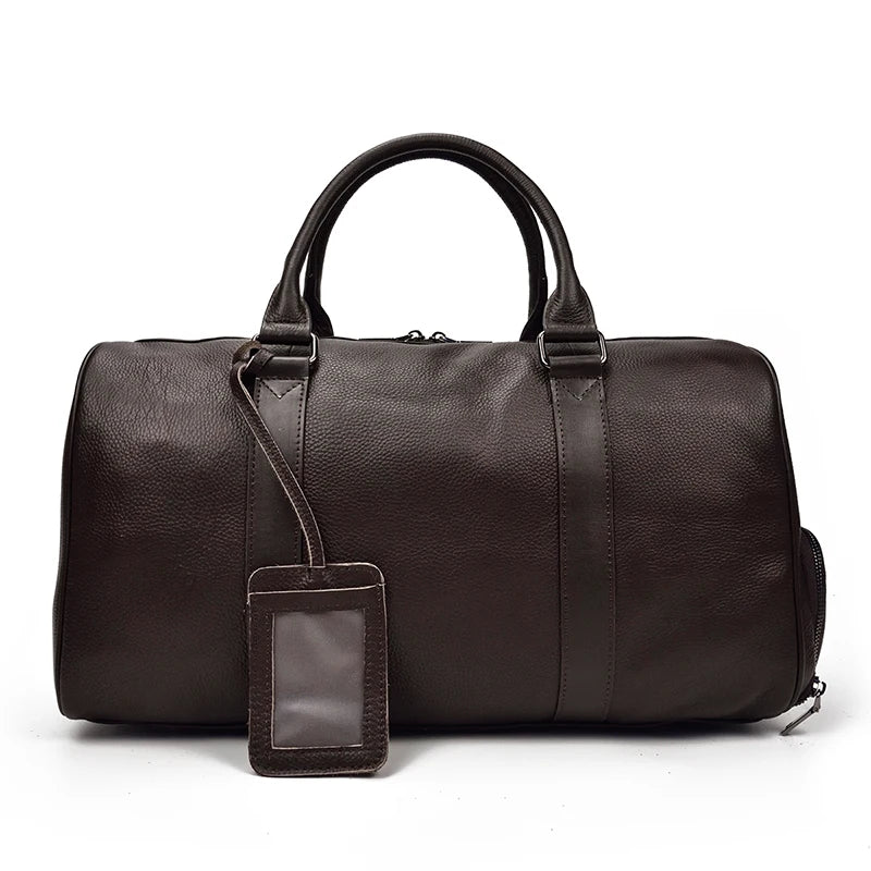 Sac de voyage en cuir véritable de grande capacité pour hommes et femmes, en cuir de vache noir souple, polochon de voyage décontracté, grand sac à bandoulière pour week-end