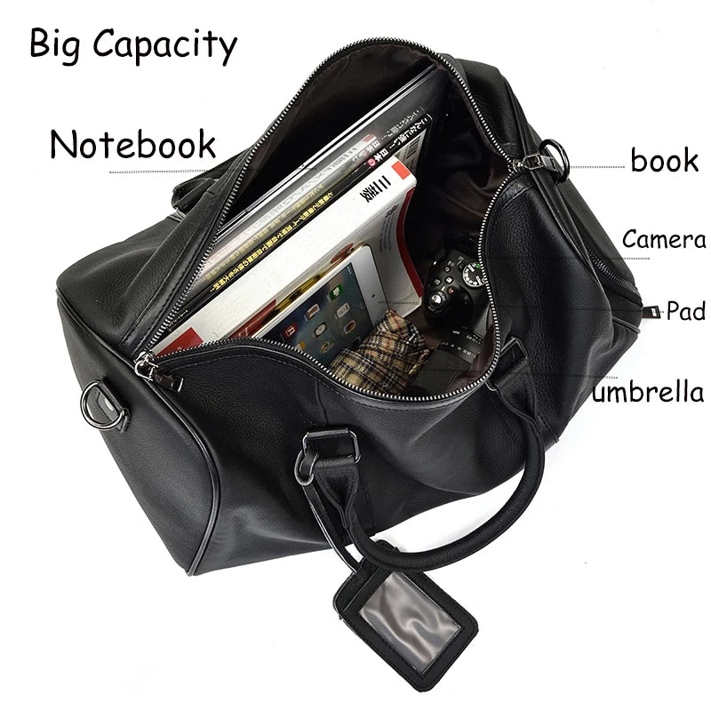 Sac de voyage en cuir véritable de grande capacité pour hommes et femmes, en cuir de vache noir souple, polochon de voyage décontracté, grand sac à bandoulière pour week-end