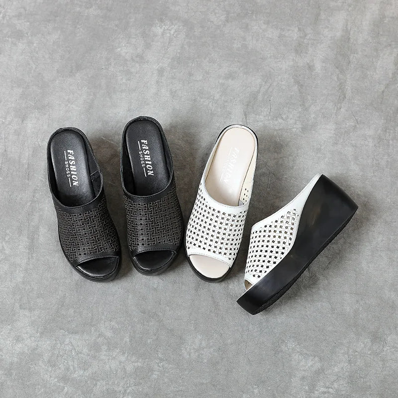GKTINOO genuine leather Summer women slippers Open Toe flip flops sandals Women Wedges Slippers black white slides sandals