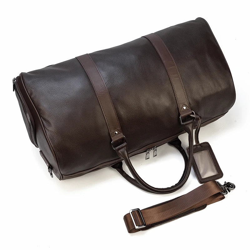 Sac de voyage en cuir véritable de grande capacité pour hommes et femmes, en cuir de vache noir souple, polochon de voyage décontracté, grand sac à bandoulière pour week-end