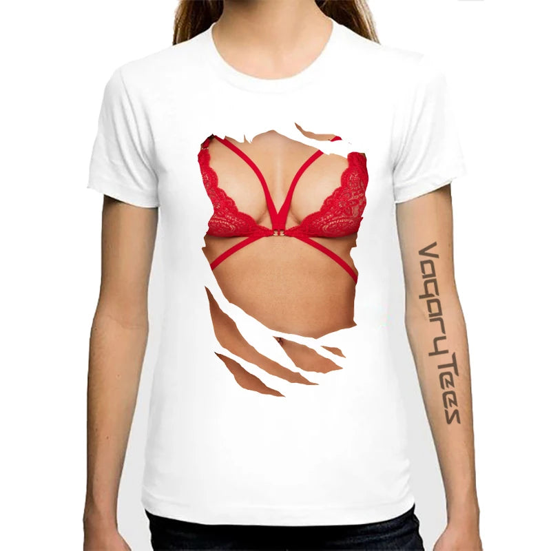 T-shirt manches courtes col rond femme, estival et décontracté, avec gros seins College en 3D