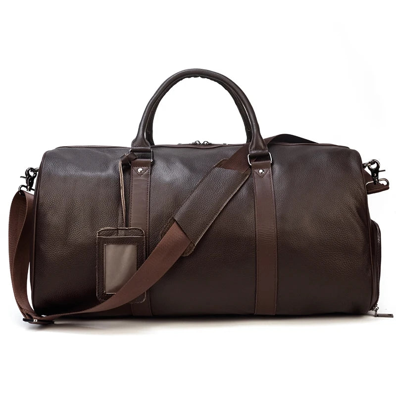 Sac de voyage en cuir véritable de grande capacité pour hommes et femmes, en cuir de vache noir souple, polochon de voyage décontracté, grand sac à bandoulière pour week-end