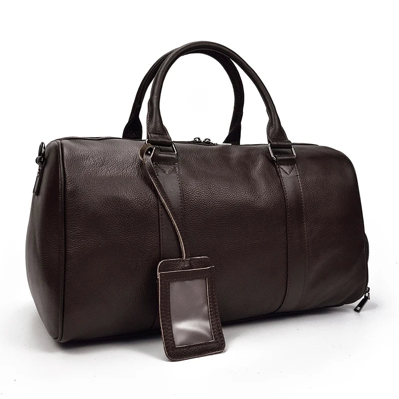 Sac de voyage en cuir véritable de grande capacité pour hommes et femmes, en cuir de vache noir souple, polochon de voyage décontracté, grand sac à bandoulière pour week-end