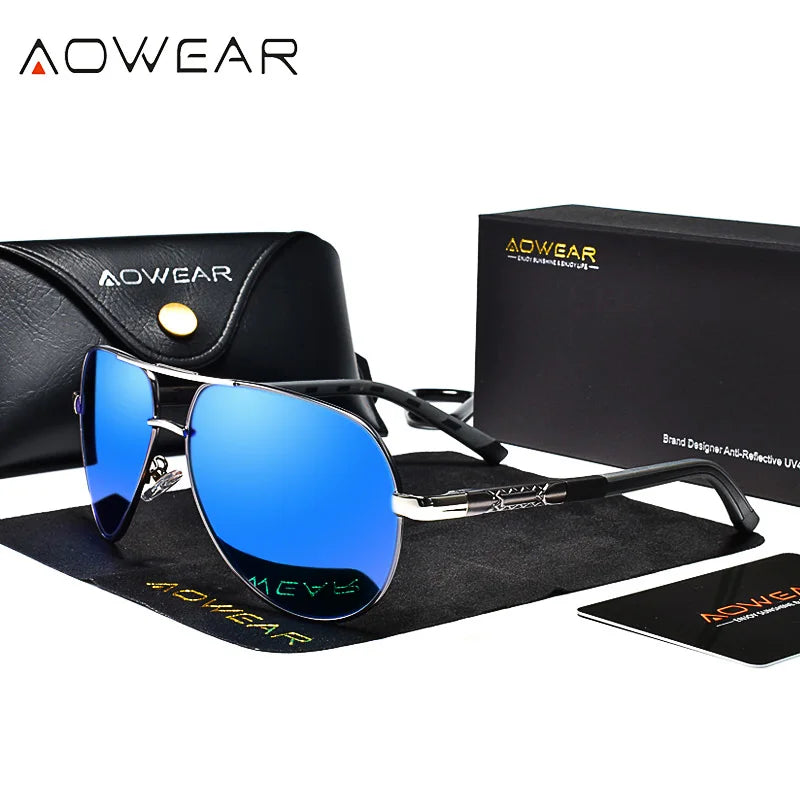 AOWEAR Aviation lunettes de soleil polarisées hommes en aluminium conduite miroir lunettes de soleil mâle marque concepteur rétro lunettes accessoires gafas