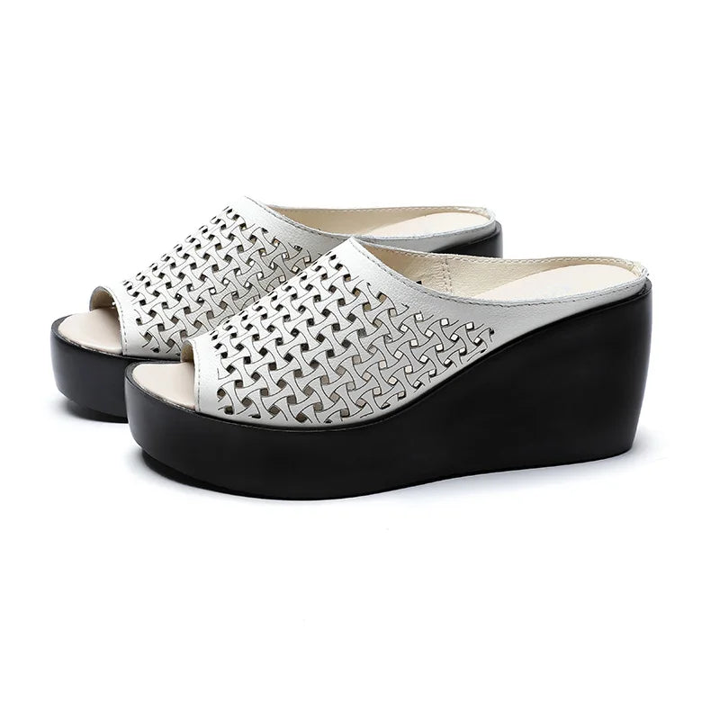 GKTINOO genuine leather Summer women slippers Open Toe flip flops sandals Women Wedges Slippers black white slides sandals