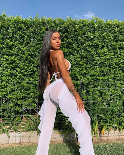 New Women Sexy Transparent Pants High Waist See Through Mesh Sheer Summer Beach Long Pants Bandage Solid Trousers 4 Colors S-XXL