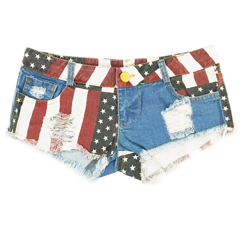 Short en jean taille moyenne pour femmes, nouvelle mode, drapeau américain imprimé, Denim, pôle danse, slim, trou chaud, pantalon court, 2021, S-XXL