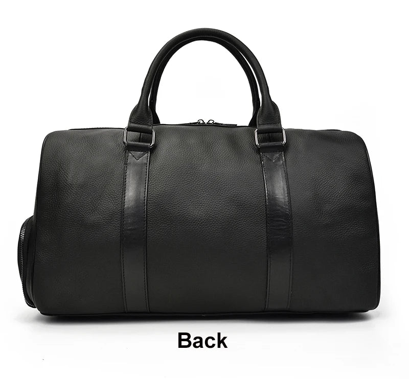 Sac de voyage en cuir véritable de grande capacité pour hommes et femmes, en cuir de vache noir souple, polochon de voyage décontracté, grand sac à bandoulière pour week-end