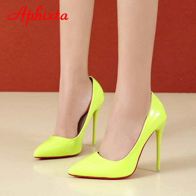 Aphixta 12cm Super High Thin Heels Pumps Women Shoes Pointed Toe Patent Leather Wedding Colorful Dress Stiletto Heel Shoes Woman