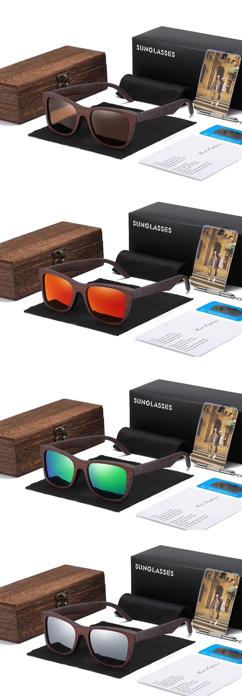 GM lunettes de soleil en bois de bambou naturel lunettes polarisées faites à la main lentilles de revêtement miroir lunettes avec boîte-cadeau