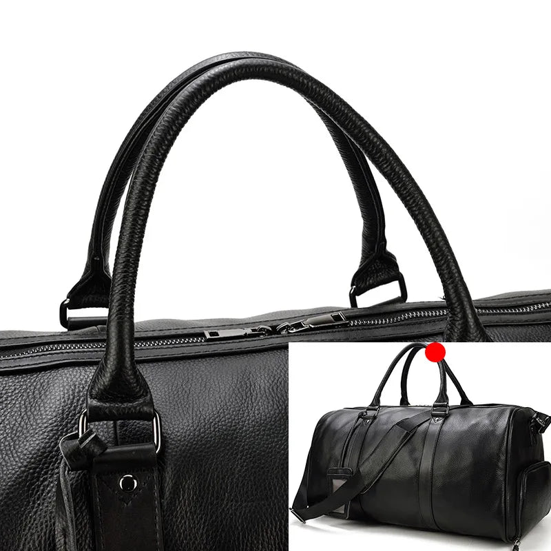 Sac de voyage en cuir véritable de grande capacité pour hommes et femmes, en cuir de vache noir souple, polochon de voyage décontracté, grand sac à bandoulière pour week-end