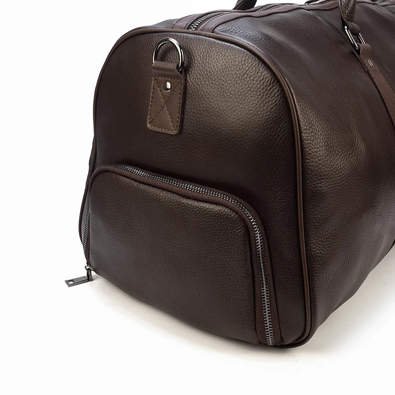 Sac de voyage en cuir véritable de grande capacité pour hommes et femmes, en cuir de vache noir souple, polochon de voyage décontracté, grand sac à bandoulière pour week-end
