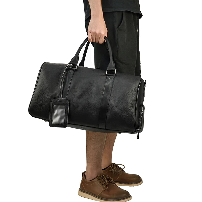 Sac de voyage en cuir véritable de grande capacité pour hommes et femmes, en cuir de vache noir souple, polochon de voyage décontracté, grand sac à bandoulière pour week-end