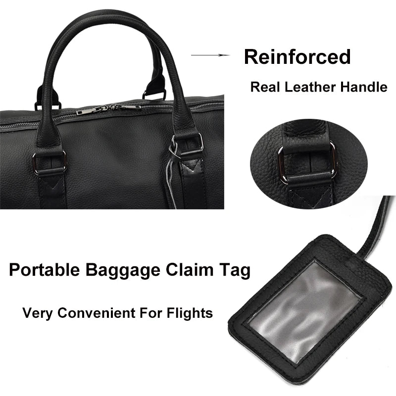 Sac de voyage en cuir véritable de grande capacité pour hommes et femmes, en cuir de vache noir souple, polochon de voyage décontracté, grand sac à bandoulière pour week-end
