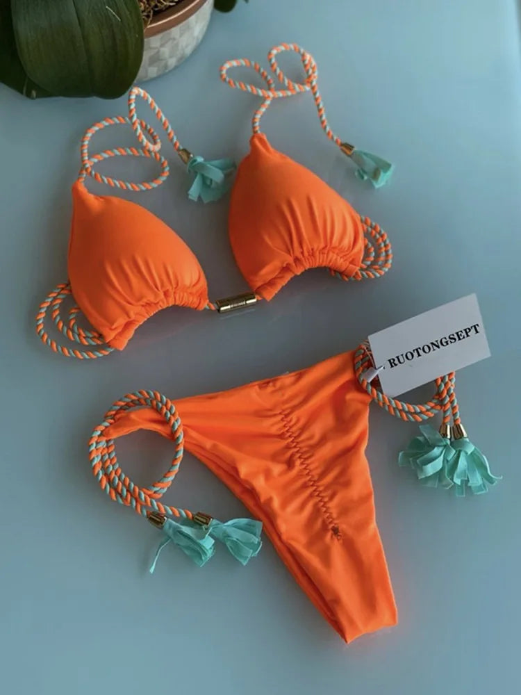 Women Bikini Rope Triangle Swimsuit Multicolor Sexy Low Waisted Bikini Set Swimsuit Swimwear Women BeachwearBrazilian biquini