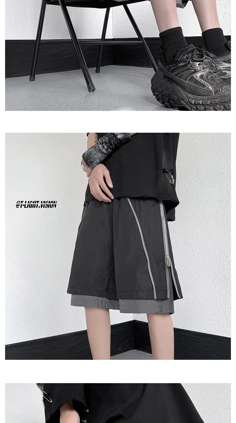 American Functional Shorts Men's Summer Design Fake Two-piece Zippered Trousers Loose Casual Pants