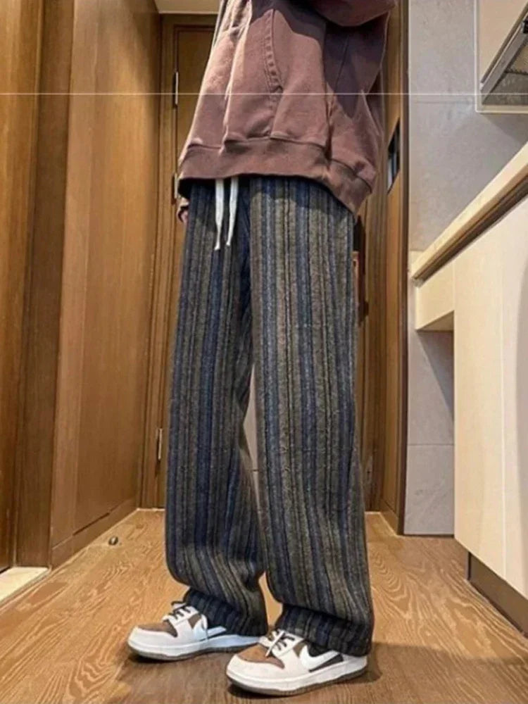 2025 New Men's Striped Woolen Straight Leg Trousers Classic Y2K Vintage Baggy Pants Casual High Street Fashion Gym Sweatpants