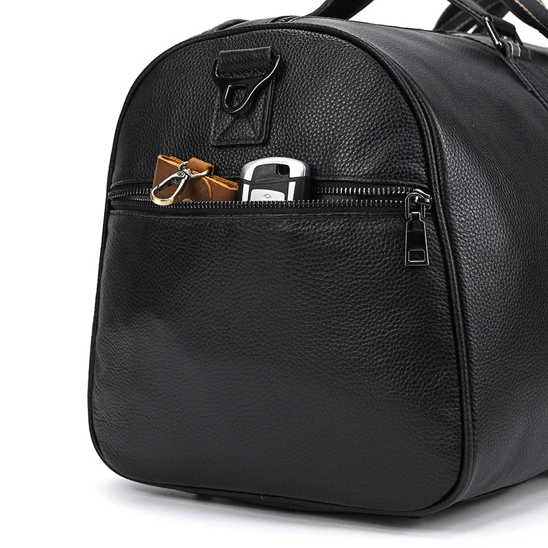 Sac de voyage en cuir véritable de grande capacité pour hommes et femmes, en cuir de vache noir souple, polochon de voyage décontracté, grand sac à bandoulière pour week-end
