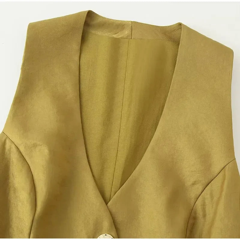 Elegant Satin Sling Top Pants Set Women V-neck Single Breasted Waistcoat Wide Leg Trousers 2025 Summer Lady Street 3 Piece Suits
