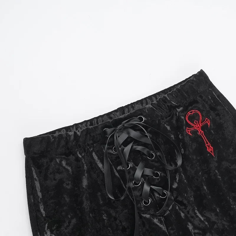 Harajuku Fashion Cross Embroidery Soft Long Pant Velvet High Waist Flare Pants Women Autumn Mall Gothic Slim Trousers