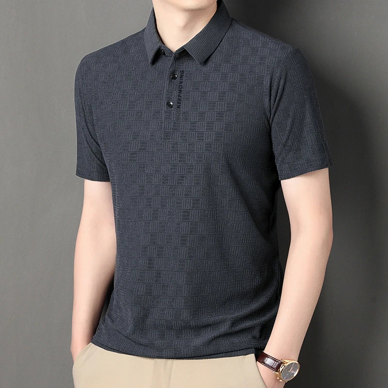 New Men's Business Casual Short Sleeved Shirt with Badge Solid Color Polo Shirt Fashionable Breathable Comfortable Versatile Top