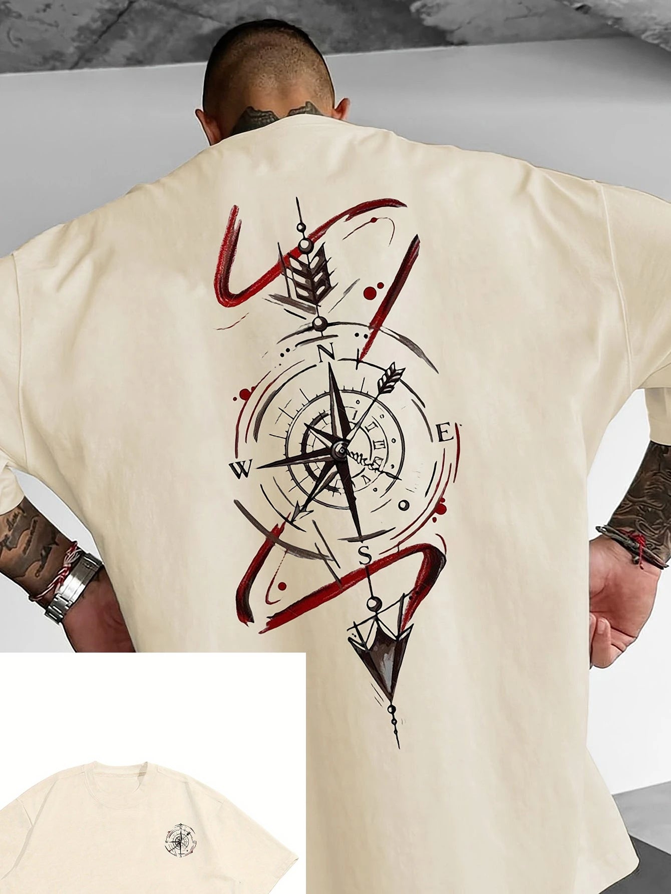 Compass Pattern Printed T-shirt Men Summer Sweat-absorbing Breathable Comfortable Top Outdoor Short Sleeve Trendy Men's Clothing