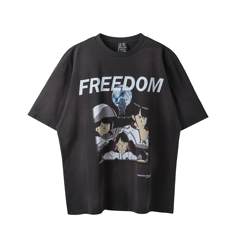 Vintage Series Saint Round Neck Sexy Robot Printed Casual High Quality Oversized T Shirt Harajuku Streetwear Men