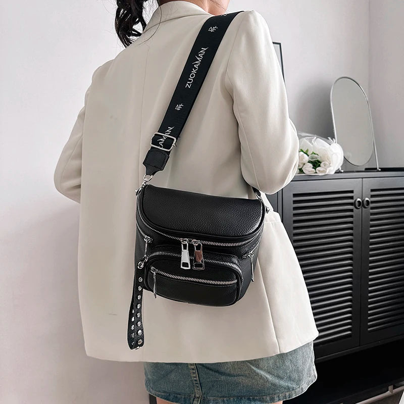High Quality 100%Natural Cowskin Female Shoulder Crossbody Tote Genuine Leather Saddle Bags For Women Casual Wide Strap Handbags