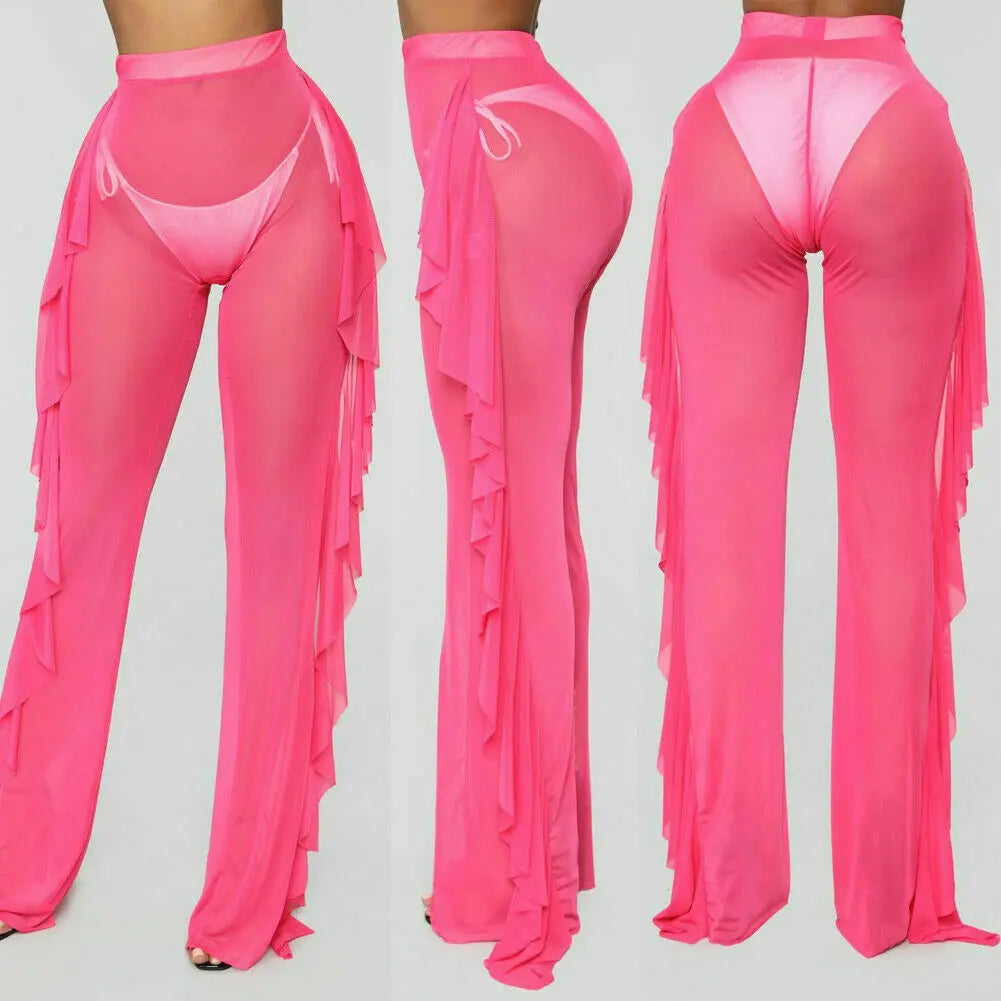 New Women Sexy Transparent Pants High Waist See Through Mesh Sheer Summer Beach Long Pants Bandage Solid Trousers 4 Colors S-XXL