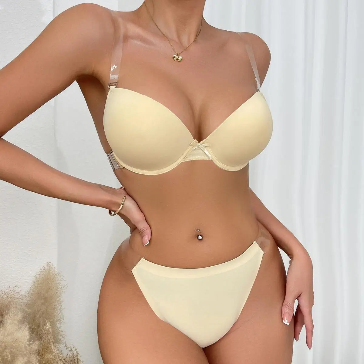 BEAUWEAR Underwear Set Panties and Bra Cup B C 70-85 Solid Color Invisible Strapless Bra and Thong for Party Wedding