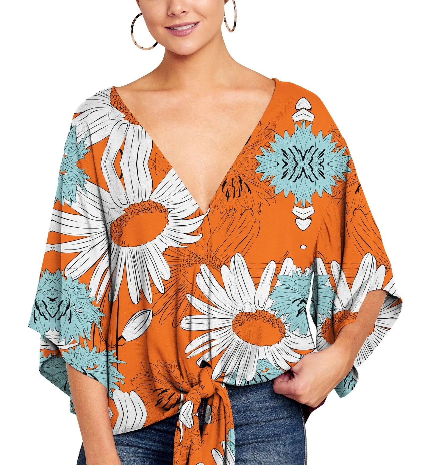Spring Summer 2024 New Women's Shirt Sexy V-neck Short Sleeved Fashionable Printed Knot Printed Sleeve Top