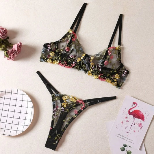 2-Piece Versatile Floral Lingerie Set Embroidery Sheer Boho Bra Panty Set Women Underwear Wireless Bra