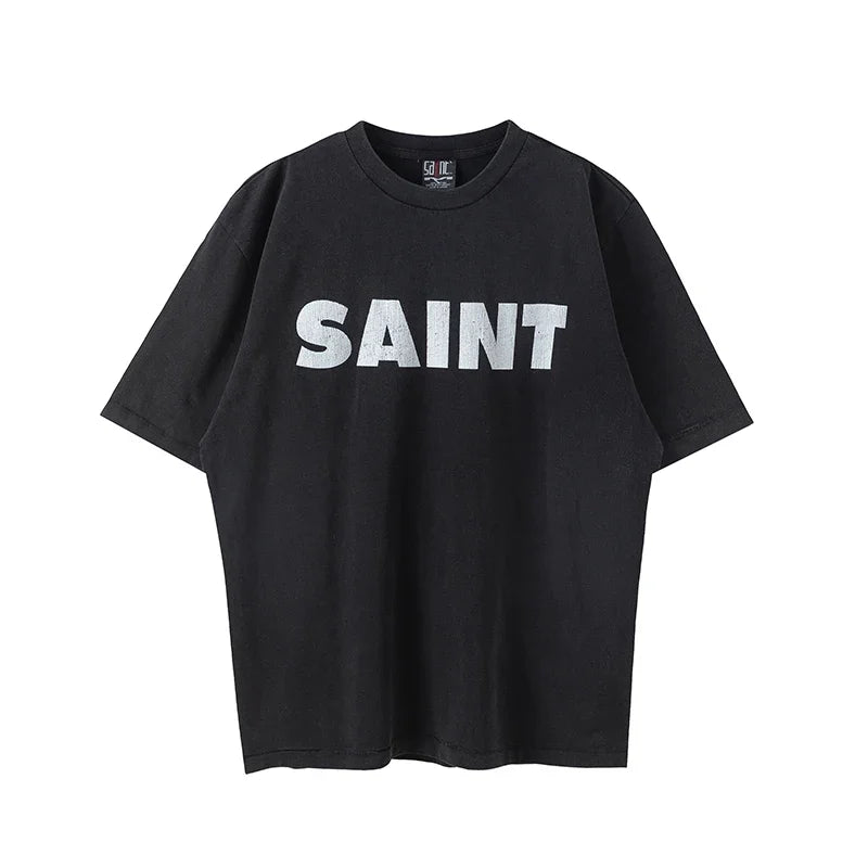 Vintage Series Saint Round Neck Sexy Robot Printed Casual High Quality Oversized T Shirt Harajuku Streetwear Men
