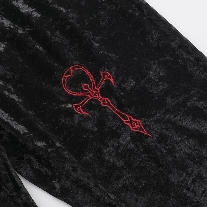 Harajuku Fashion Cross Embroidery Soft Long Pant Velvet High Waist Flare Pants Women Autumn Mall Gothic Slim Trousers