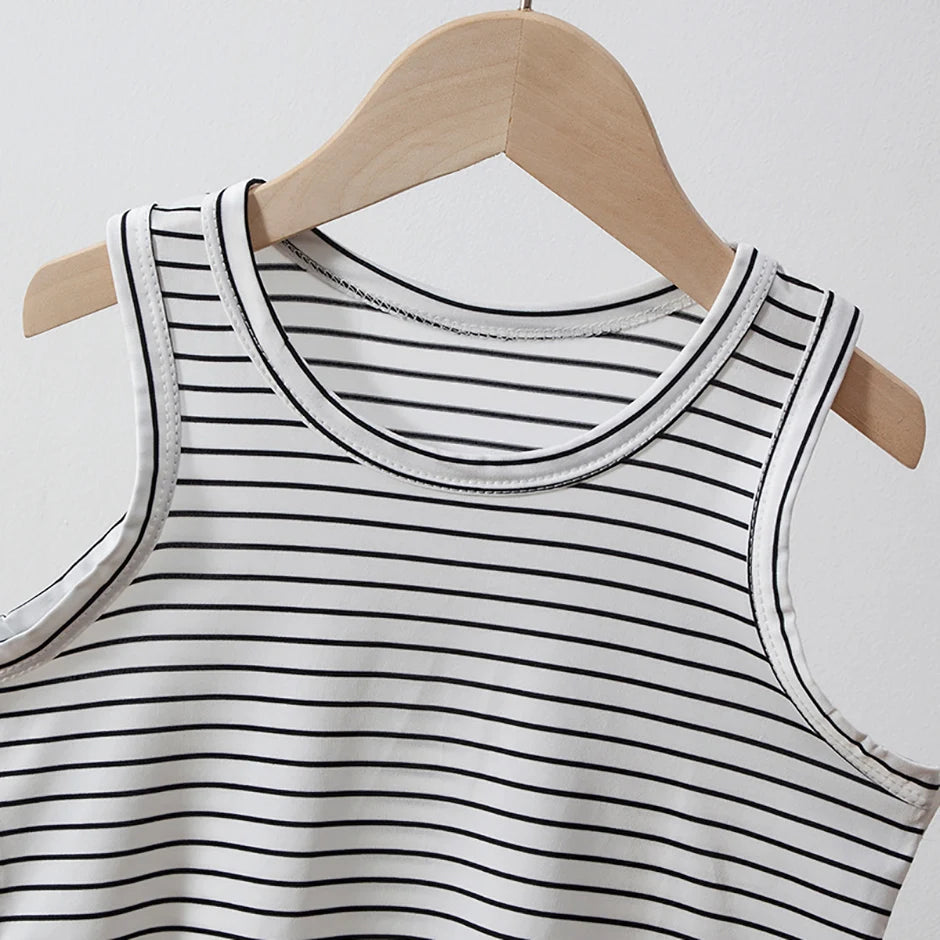 2-Pcs Children's Four Seasons Black And White Striped Vest Boy Leisure Sports Running Top Girl Basic Joker Fashion Bottoming Shi