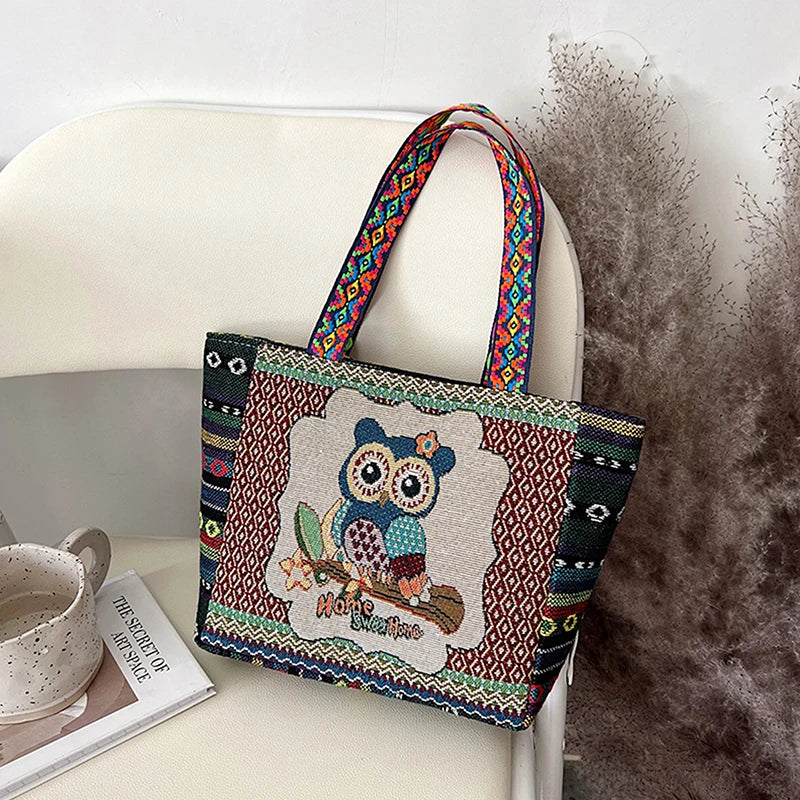 Animal Ethnic Style Handbag Trendy Elephant Embroidery Handbag Owl Canvas Women Shoulder Bags Women Tote Bag