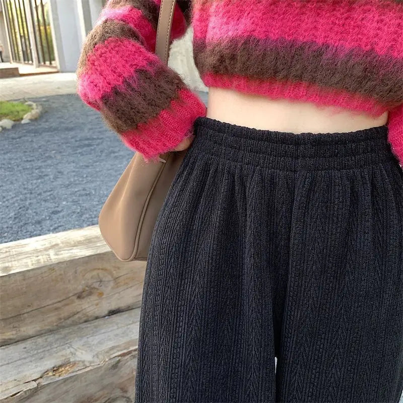 Women Autumn Winter Wide-Leg Pants High-Waist Casual Drape Loose Straight Pants Fleece Elastic Waist Fashion Mopping Pants