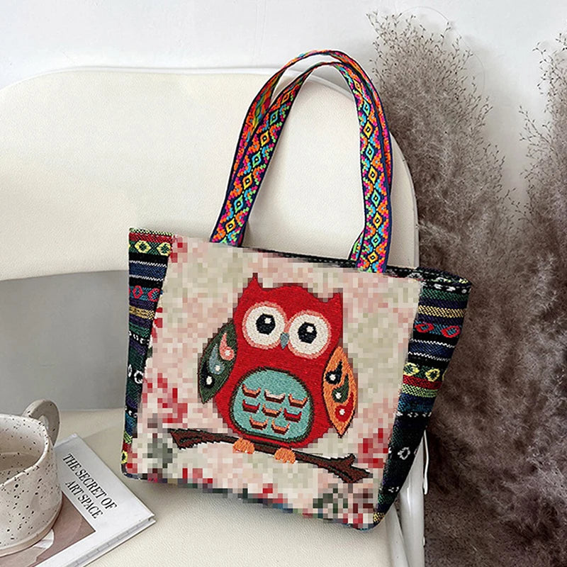 Animal Ethnic Style Handbag Trendy Elephant Embroidery Handbag Owl Canvas Women Shoulder Bags Women Tote Bag