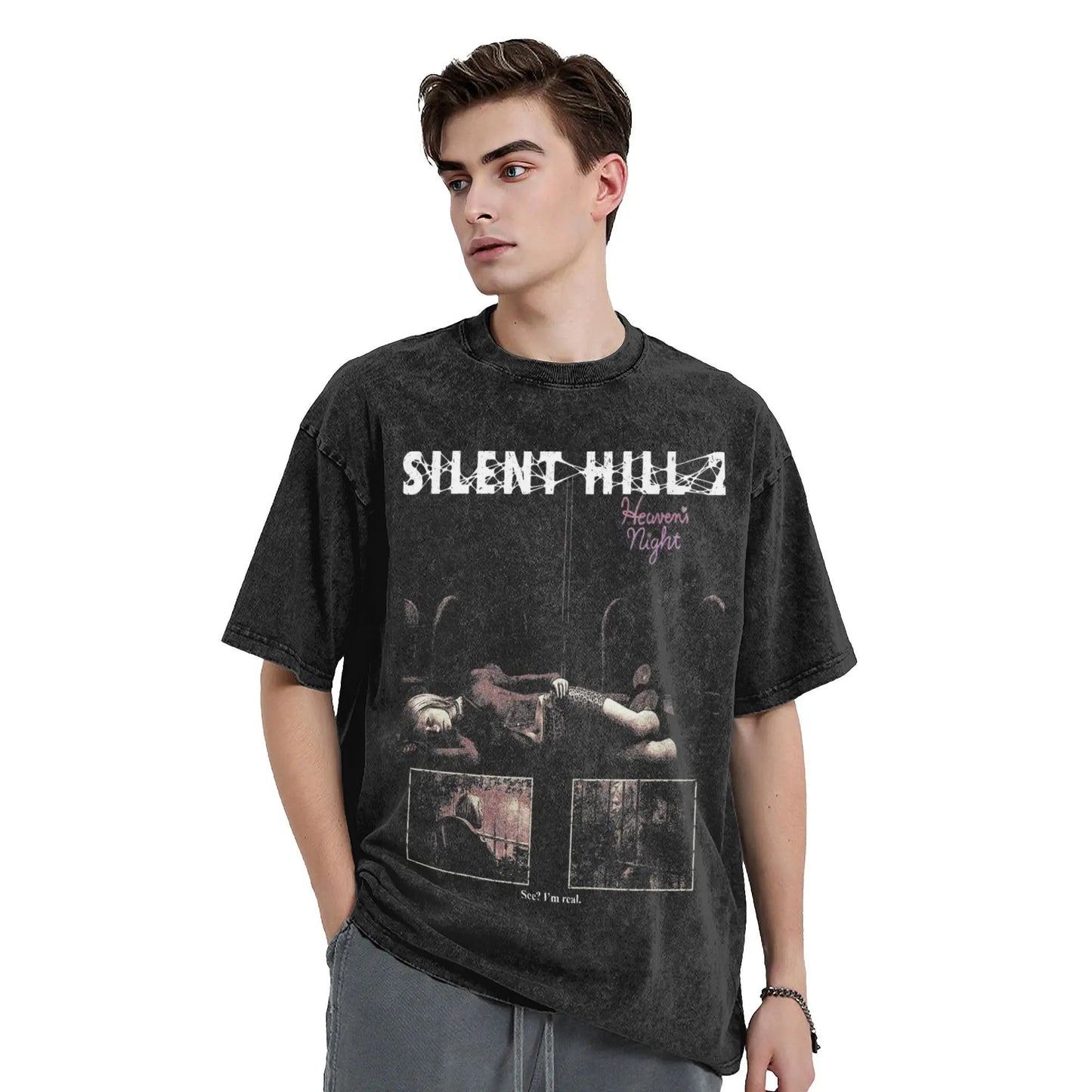 Washed T Shirts Horror Silent Hill Heavens Night Hip Hop T-Shirt Street Streetwear Short Sleeve Printed Tops Tees Men Women