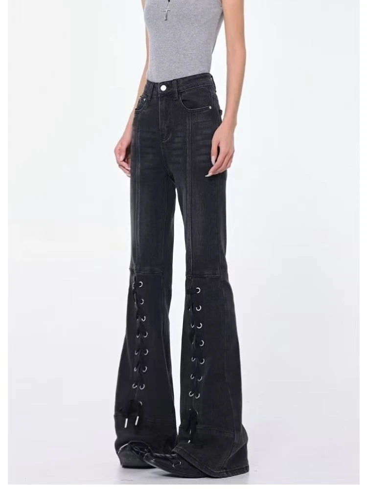 Fashion high street strap design retro black micro-flare jeans Y2k Goth women slim fit new flared pants
