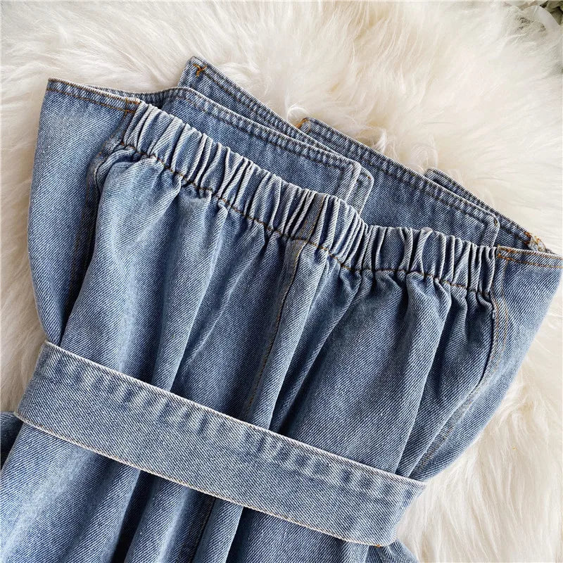 Fashion Strapless Denim Tops Summer Off Shoulder Women Short Vest With Belt Female Jean Tank Streetwear