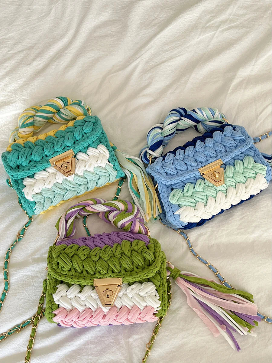 New Handmade Woven Women's Crossbody Bags Thread Hook Knitted Shoulder Bag Colorful Strip Chains Bags for Women Small Purses