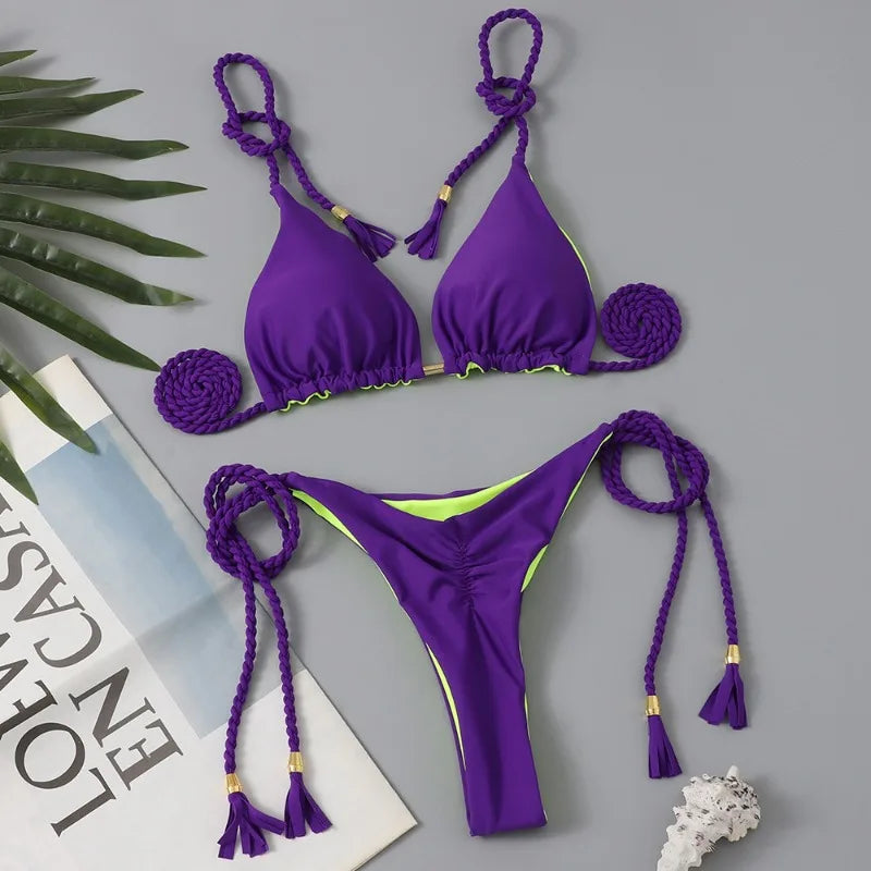 Women Bikini Rope Triangle Swimsuit Multicolor Sexy Low Waisted Bikini Set Swimsuit Swimwear Women BeachwearBrazilian biquini