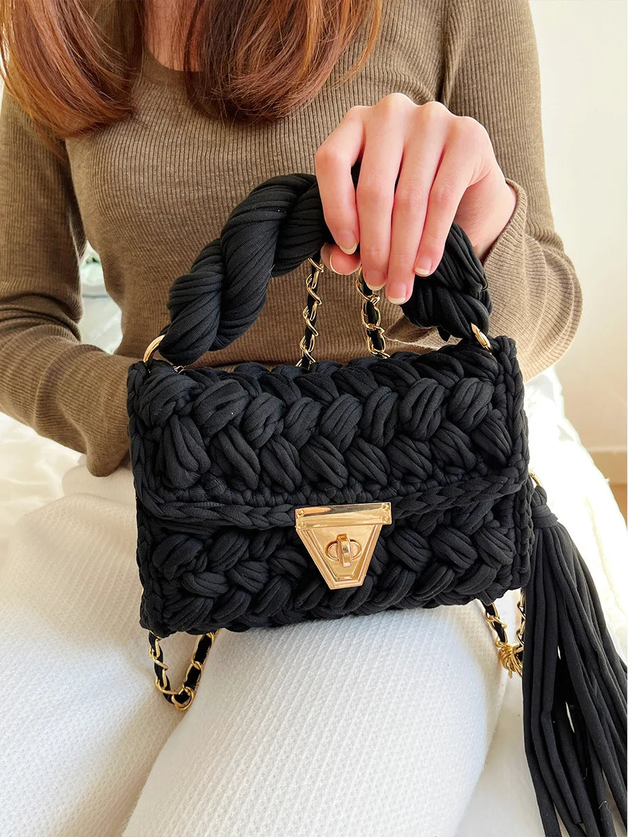 New Handmade Woven Women's Crossbody Bags Thread Hook Knitted Shoulder Bag Colorful Strip Chains Bags for Women Small Purses