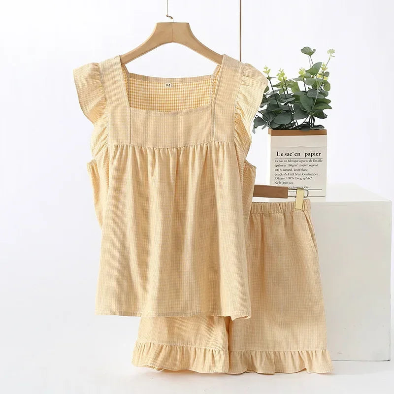 Newest Summer Cotton Double-layer Gauze Women's Pajamas Thin Sleeveless Vest Style Tops with Shorts Home Outfit Set