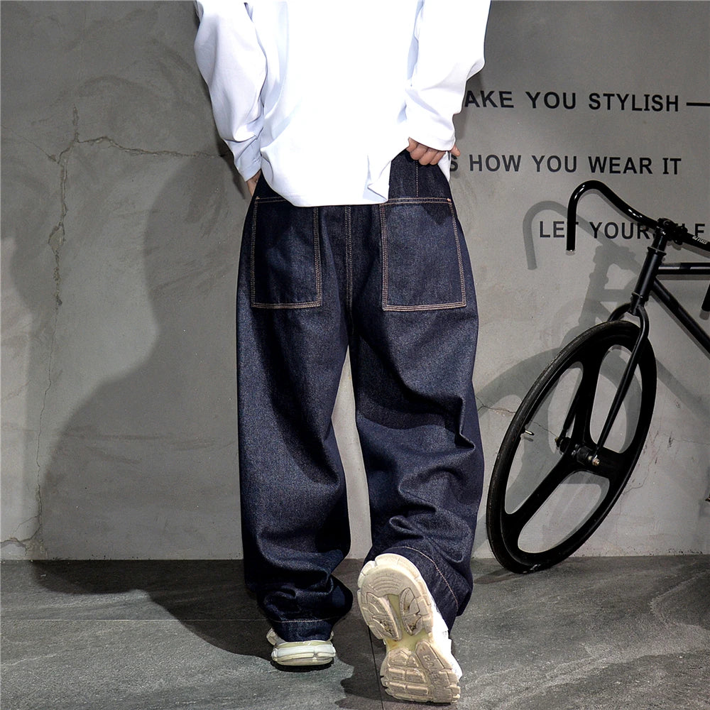 Mens American High Street Baggy Jeans Navy Blue Premium Denim Wide Leg Straight Loose Fit Korean Streetwear Trendy Pants Male