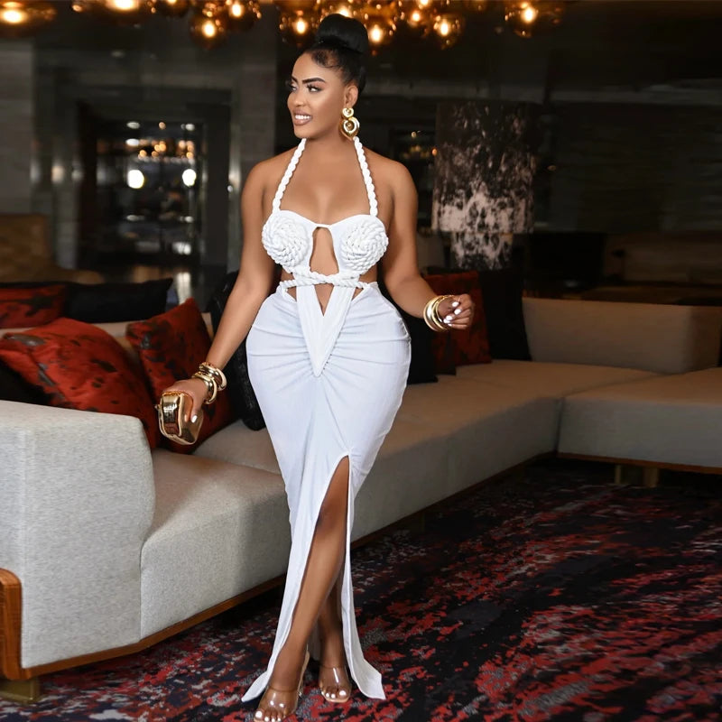 Bonnie Forest Gorgeous Cut-Out Ruched Bandage Long Dress For Women Chic Summer Halter Neck High Slit Party Dresses Beach Vestido