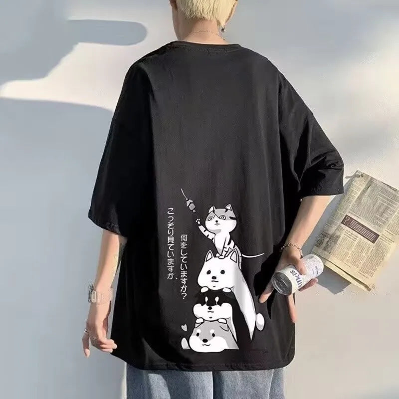 8XL Men T-shirt Pullover Extra Round Neck Kitten Stacking Printing Fashion T-shirt Extra Large Middle Sleeve Youth T-shirt