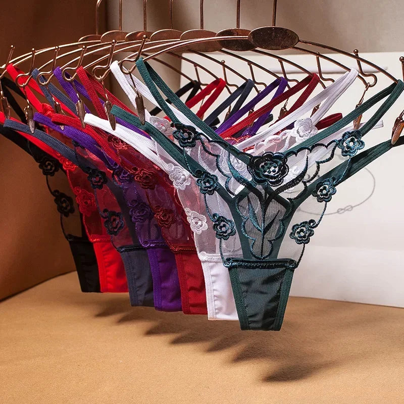 New Women Sexy Embroidered Ladies Thong Transparent Mesh Florid Strap Temptation Low Waist Panties Female Hot T Pants Large Size